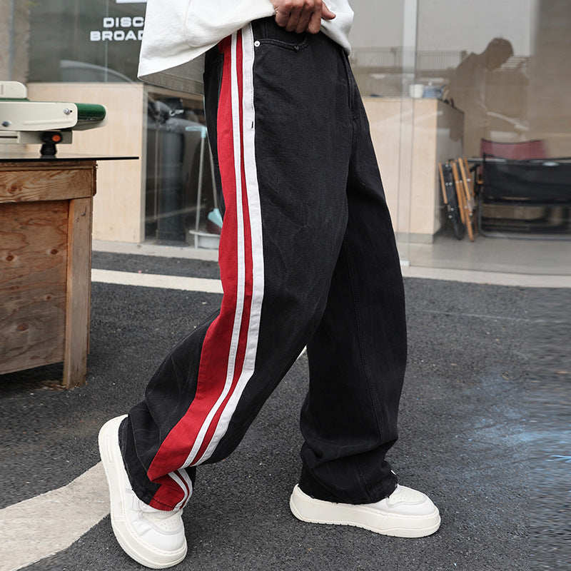 Pleated Texture Washed Wide Leg Straight Jeans For Men