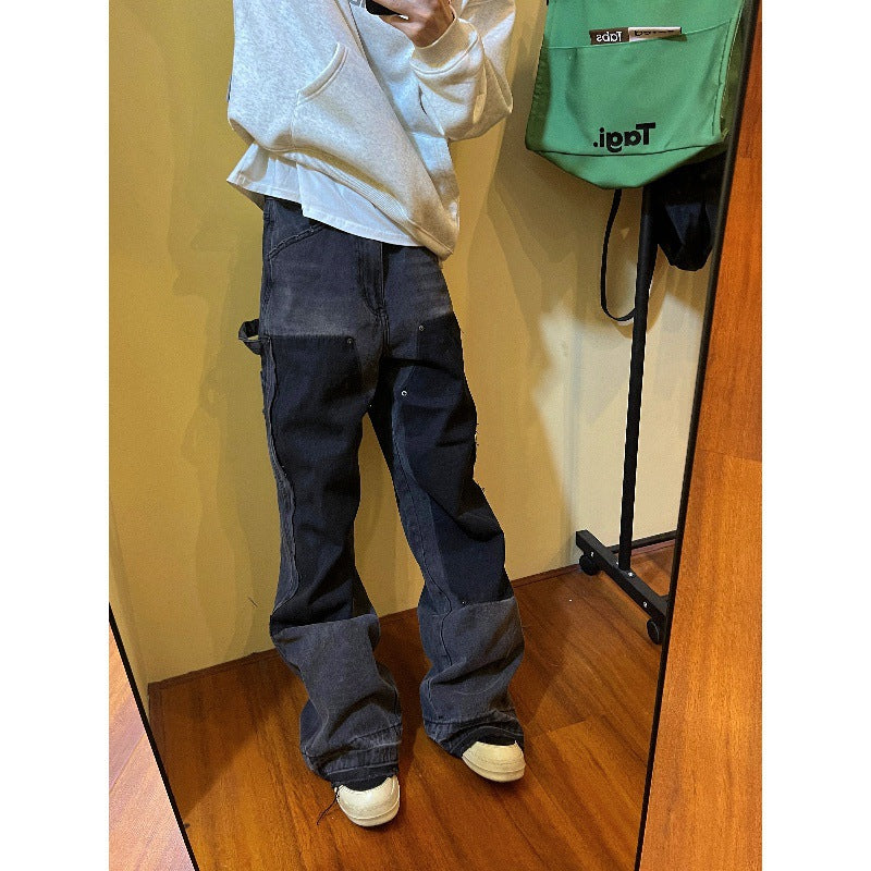 Retro Raw Edges Design Stitching Patchwork Straight Slimming Trousers for men