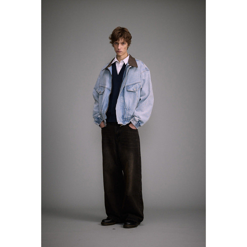 Loose Washed-out Lapel Workwear Denim Men's And Women's Motorcycle Jacket