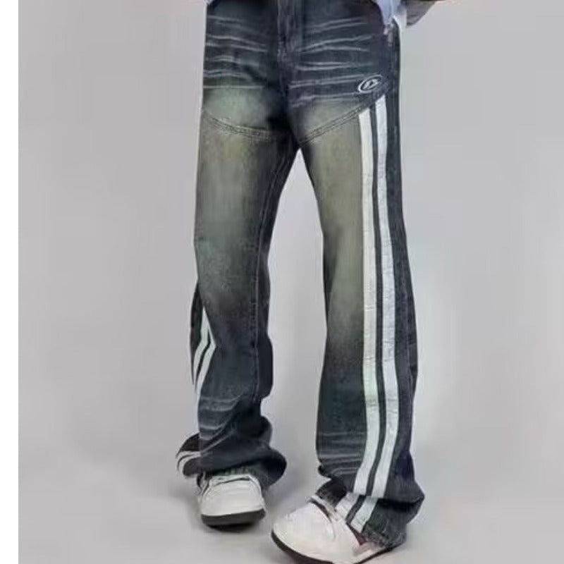 New Jeans Retro Distressed Three Bars Straight Men