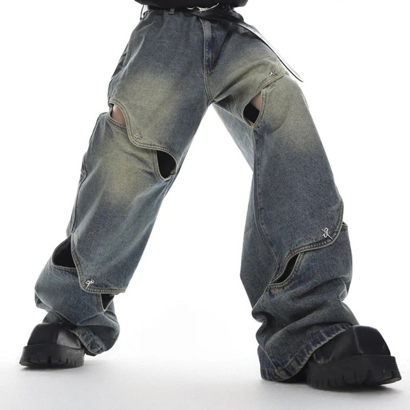 Spring And Summer Casual Wide Leg Hollow Baggy Pants for men