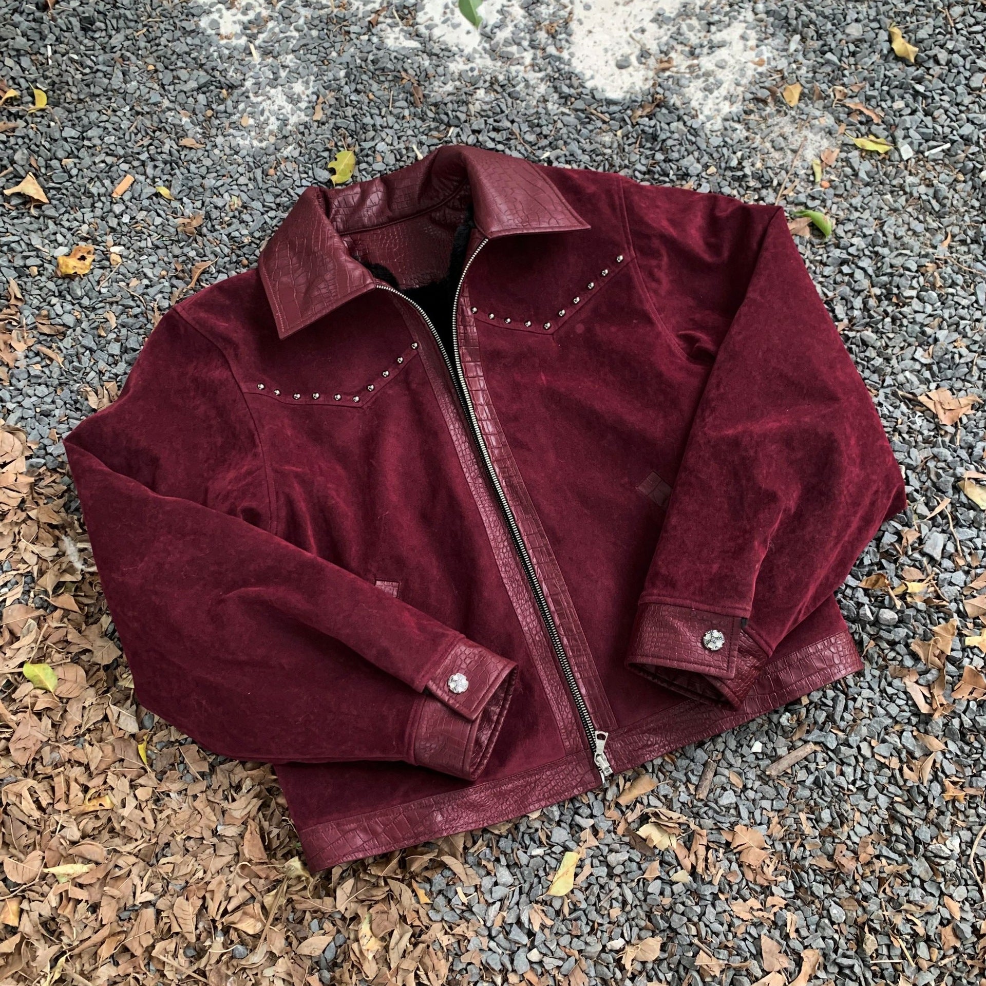 Leather Patchwork Lapel Angola Wool Extra Thick Suede Coat