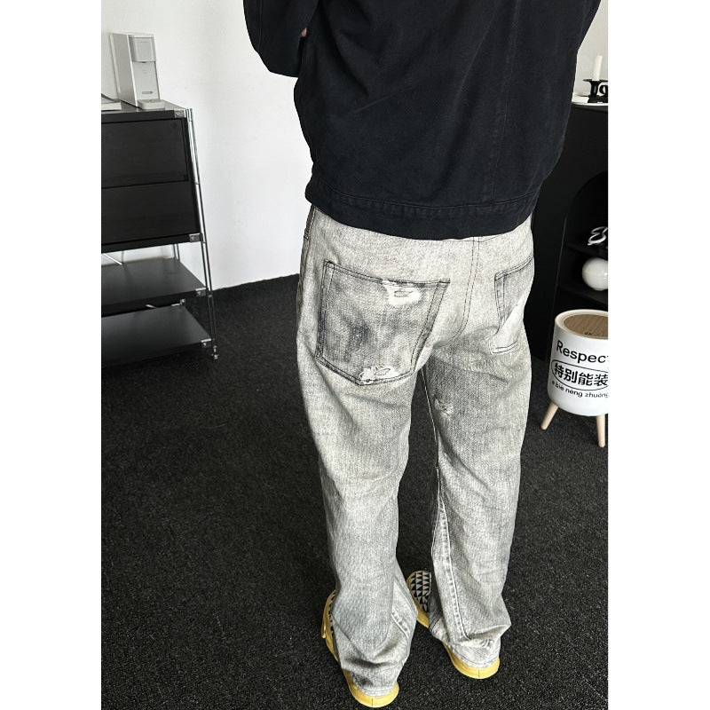 Digital Printed Jeans Gray Whitewashed Distressed Trousers for men