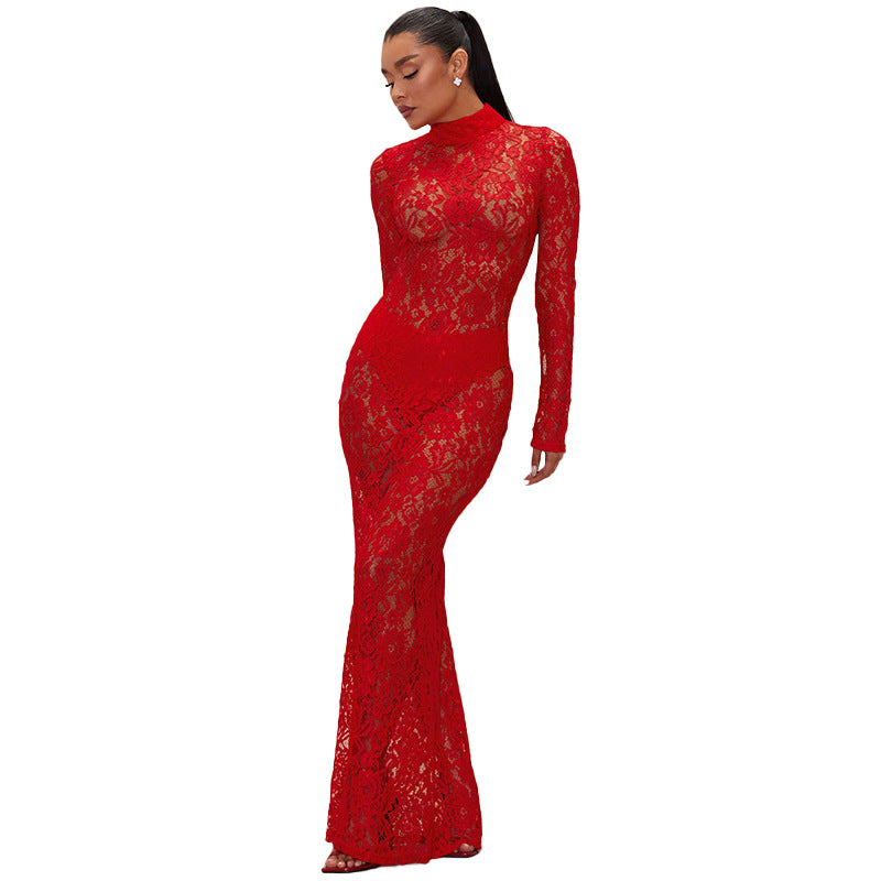 Mesh Lace Half-turtleneck Long Sleeve Women's Slim Fit Dress