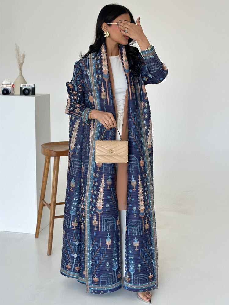Pleated Print Cardigan Long Coat Arabic Robe Plus Size
