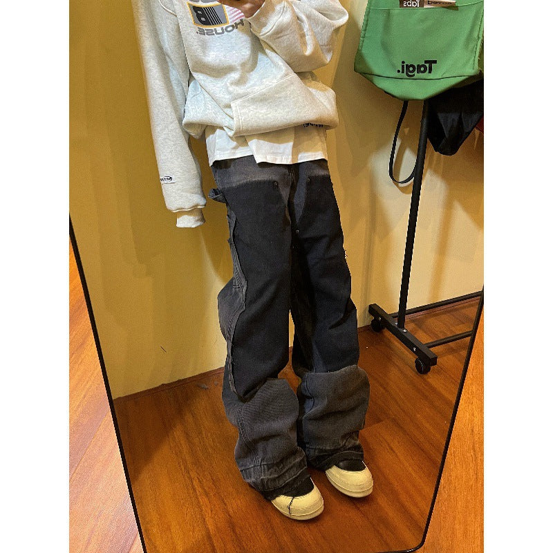 Retro Raw Edges Design Stitching Patchwork Straight Slimming Trousers for men