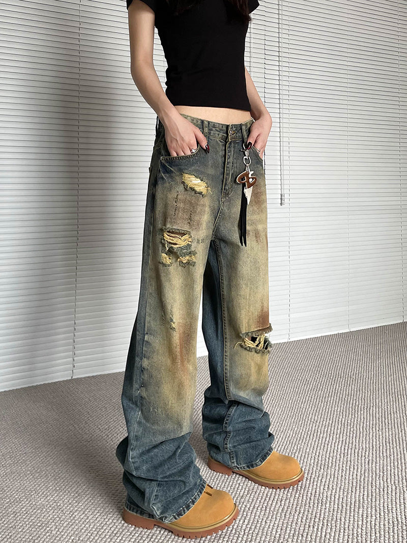Niche Make Old Ripped Denim Fashion Brand Loose Straight Wide Leg Smart Trousers for men