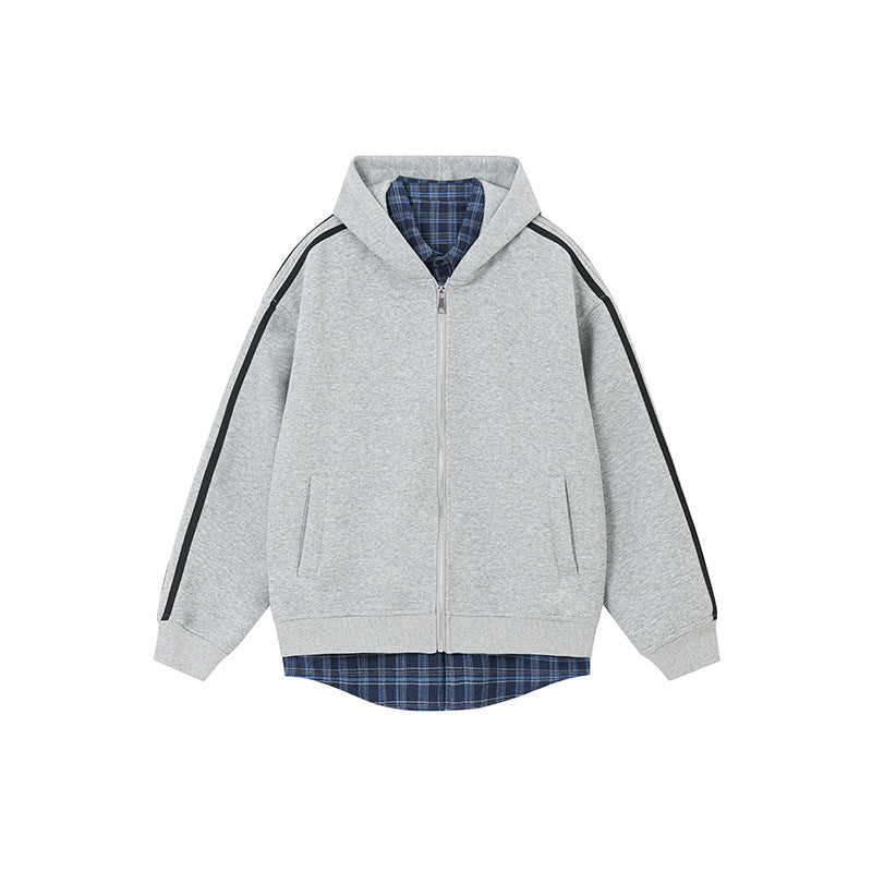 Spliced Plaid Blouse Hooded Cardigan Coat