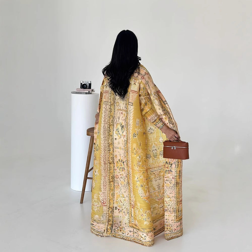 Pleated Print Cardigan Long Coat Arabic Robe Plus Size