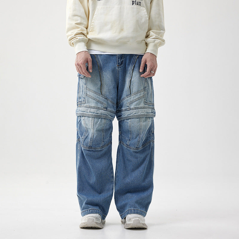 Personalized Detachable Tooling Wide Leg Zipper Denim Pants for men