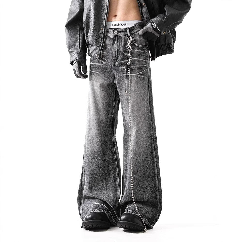 Loose Micro-flared Washed Distressed Lightning Jeans