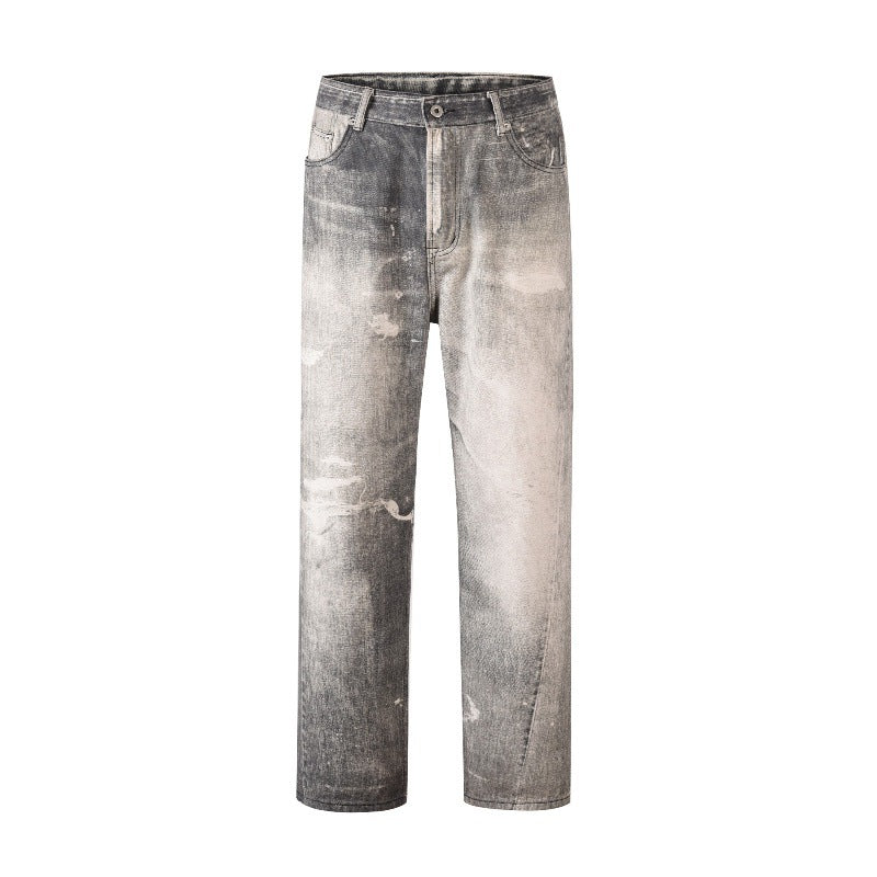 Digital Printed Jeans Gray Whitewashed Distressed Trousers for men