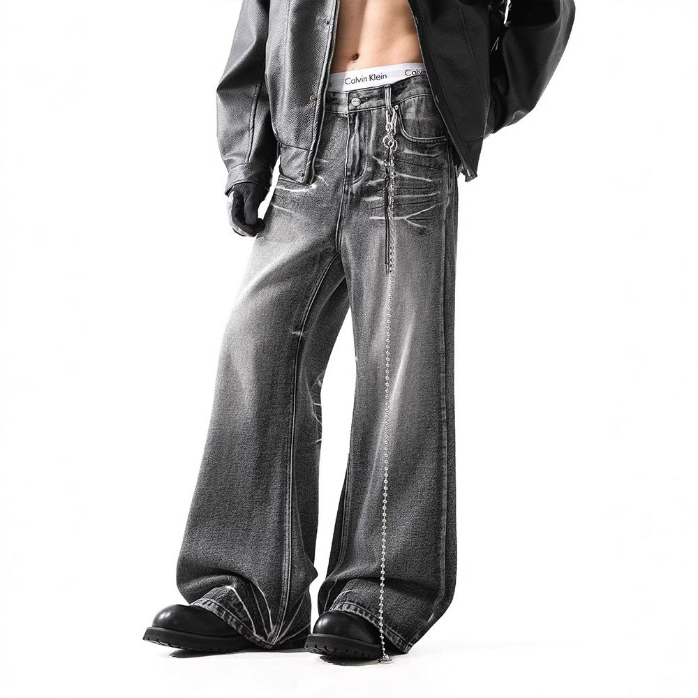 Loose Micro-flared Washed Distressed Lightning Jeans