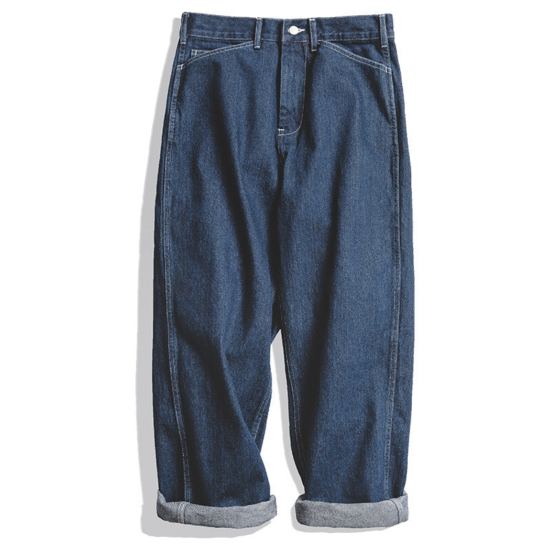 Men's Retro Dark Blue Loose Straight-leg Denim Trousers