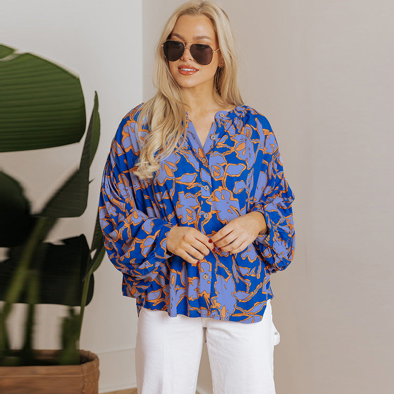 Fashion Floral Print Batwing Sleeve Shirt Women