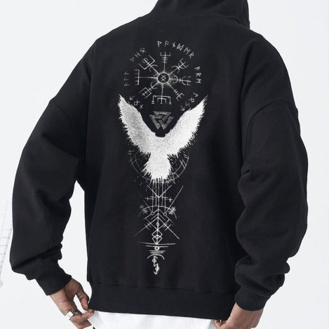 Retro Spell Crow Totem Printed Hoodie