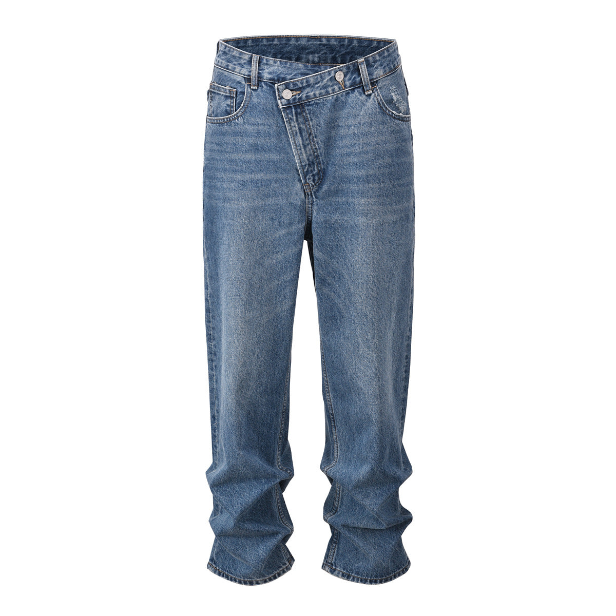 Slant Placket Straight-leg Pants Washed Distressed Casual Jeans for men
