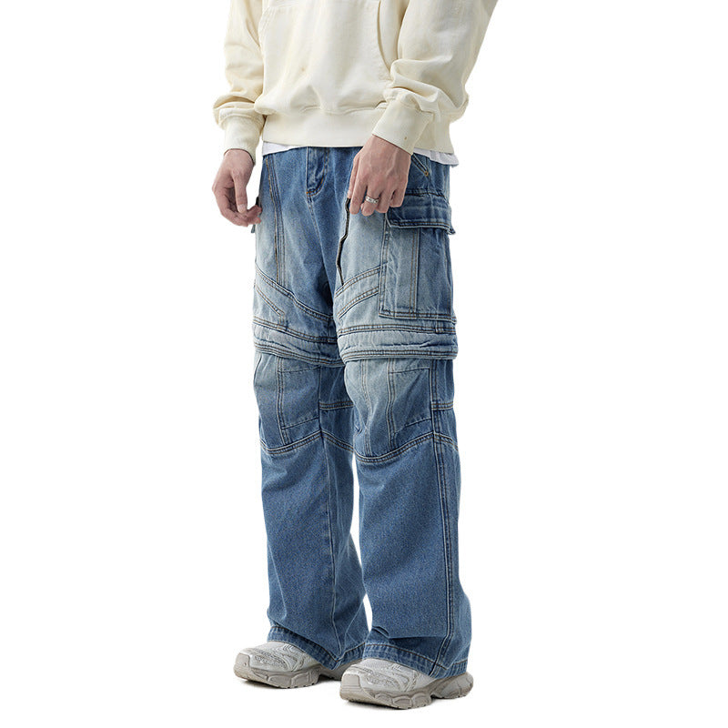 Personalized Detachable Tooling Wide Leg Zipper Denim Pants for men