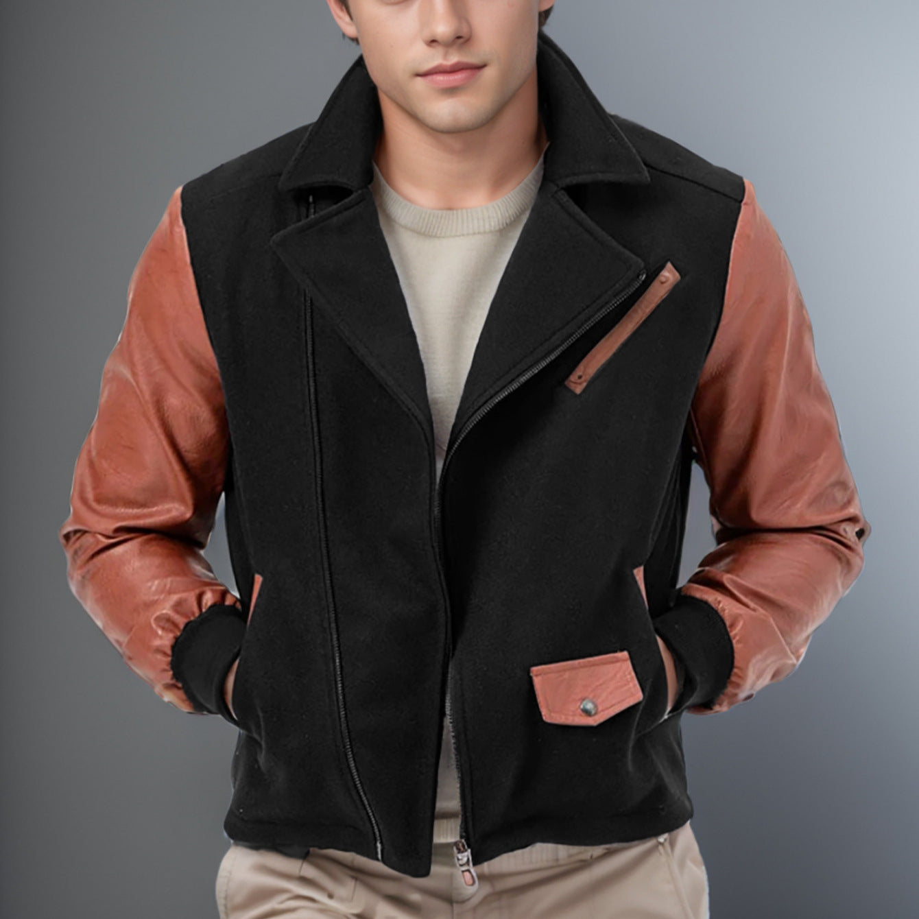 Polyester Fiber Patchwork Wool Lapel Color Matching Men's Jacket