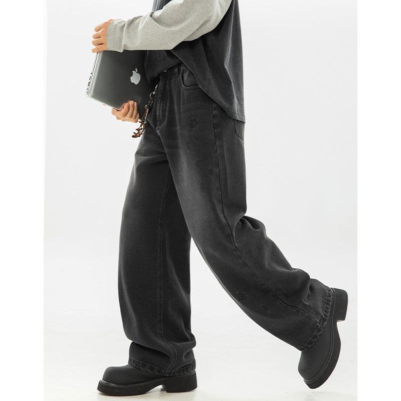 Retro Worn Looking Washed-out Embroidered Jeans Men's Spring New