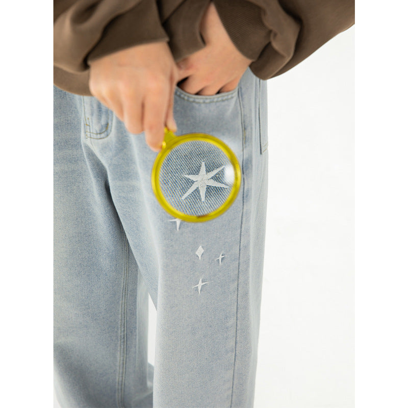 Retro Worn Looking Washed-out Embroidered Jeans Men's Spring New