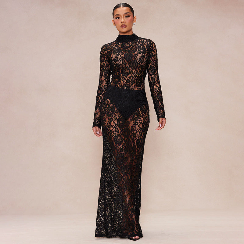Mesh Lace Half-turtleneck Long Sleeve Women's Slim Fit Dress