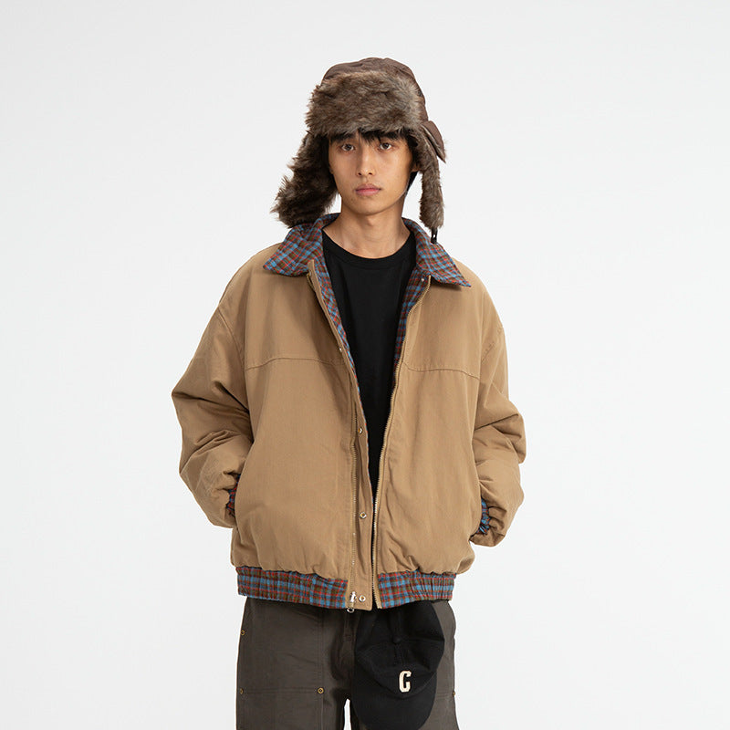 Plaid Reversible Cotton Coat Retro Casual Polo Collar Cotton-padded Jacket