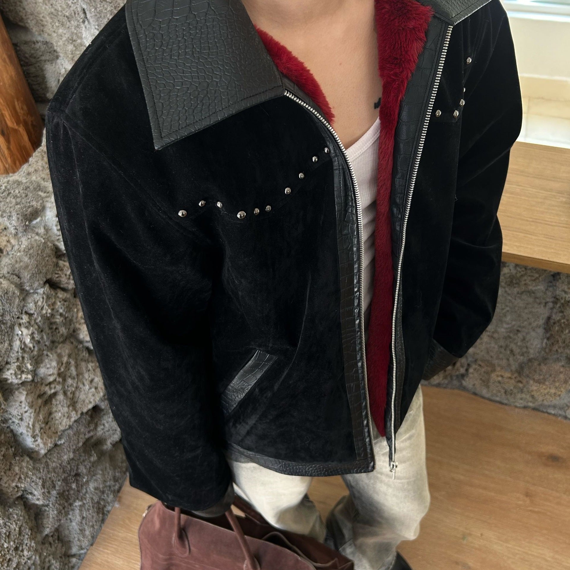 Leather Patchwork Lapel Angola Wool Extra Thick Suede Coat