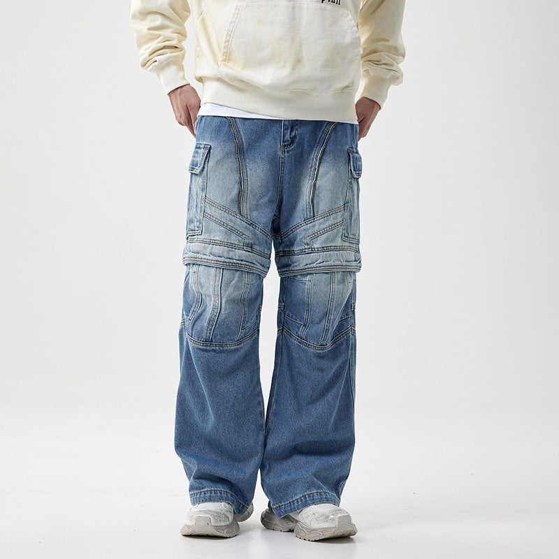 Personalized Detachable Tooling Wide Leg Zipper Denim Pants for men