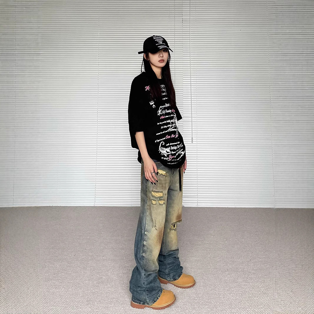 Niche Make Old Ripped Denim Fashion Brand Loose Straight Wide Leg Smart Trousers for men