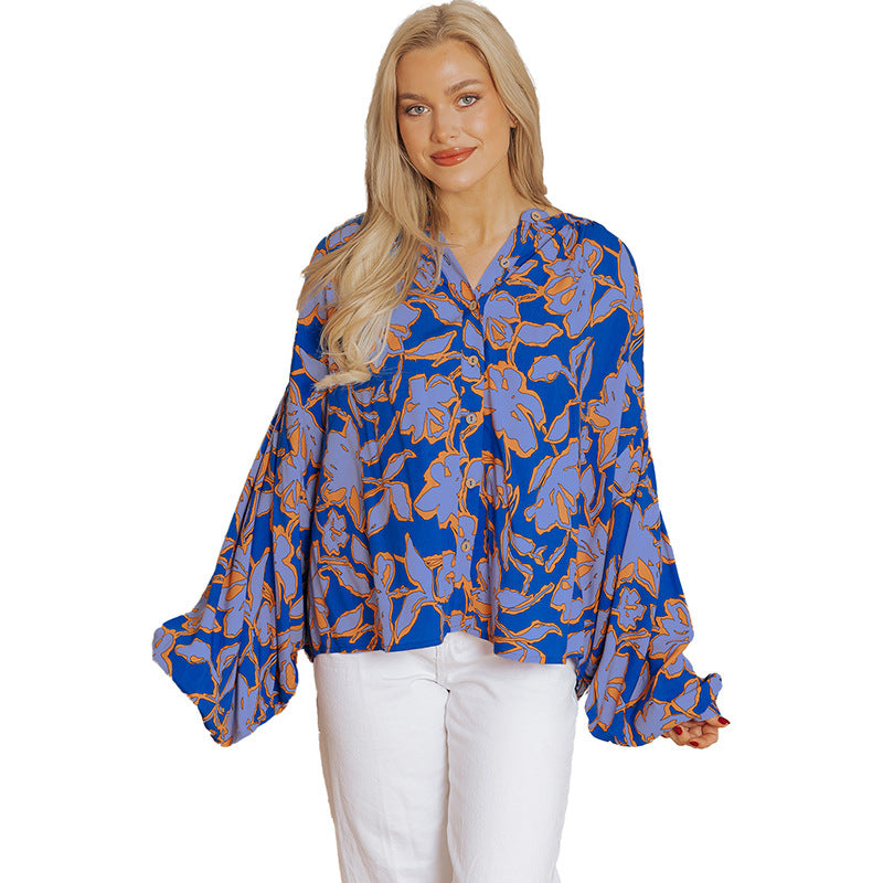 Fashion Floral Print Batwing Sleeve Shirt Women