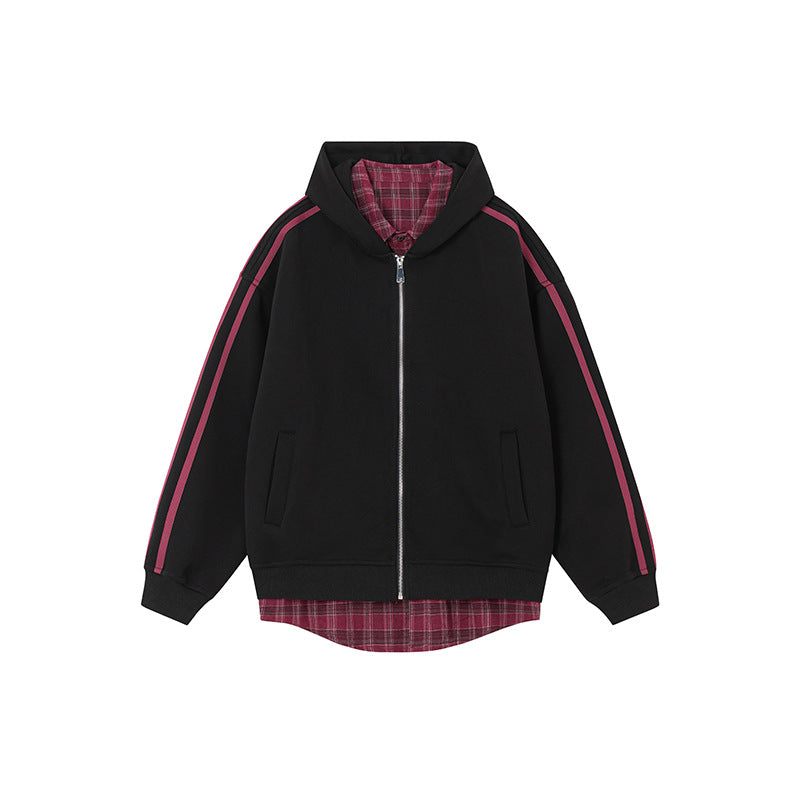 Spliced Plaid Blouse Hooded Cardigan Coat