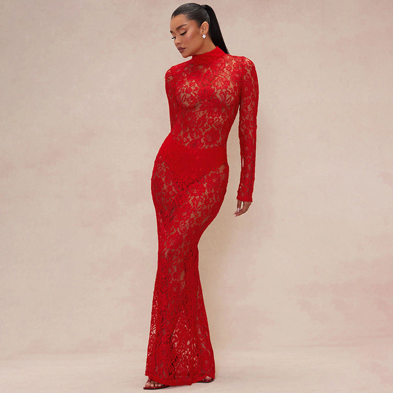 Mesh Lace Half-turtleneck Long Sleeve Women's Slim Fit Dress