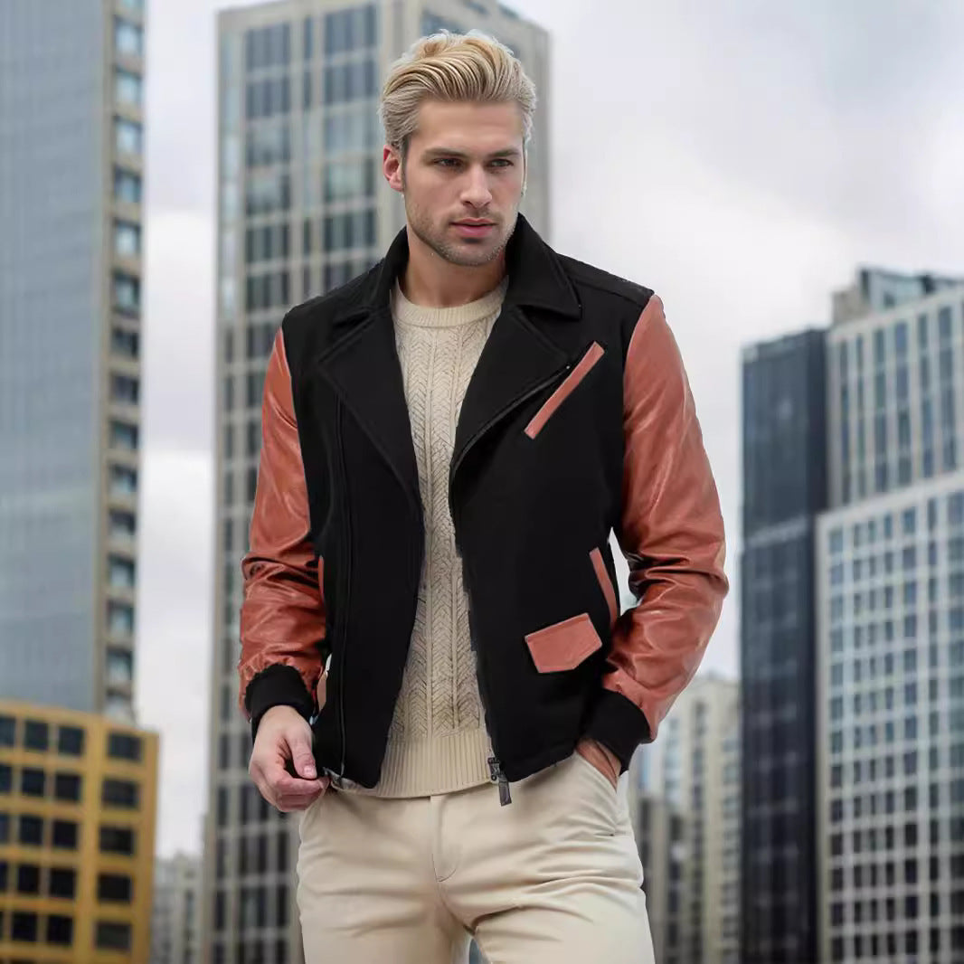 Polyester Fiber Patchwork Wool Lapel Color Matching Men's Jacket