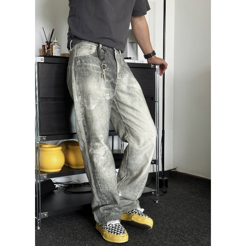 Digital Printed Jeans Gray Whitewashed Distressed Trousers for men