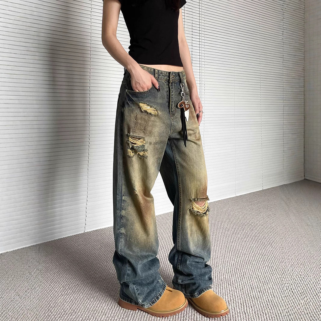 Niche Make Old Ripped Denim Fashion Brand Loose Straight Wide Leg Smart Trousers for men