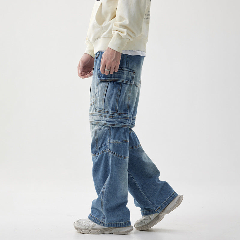 Personalized Detachable Tooling Wide Leg Zipper Denim Pants for men