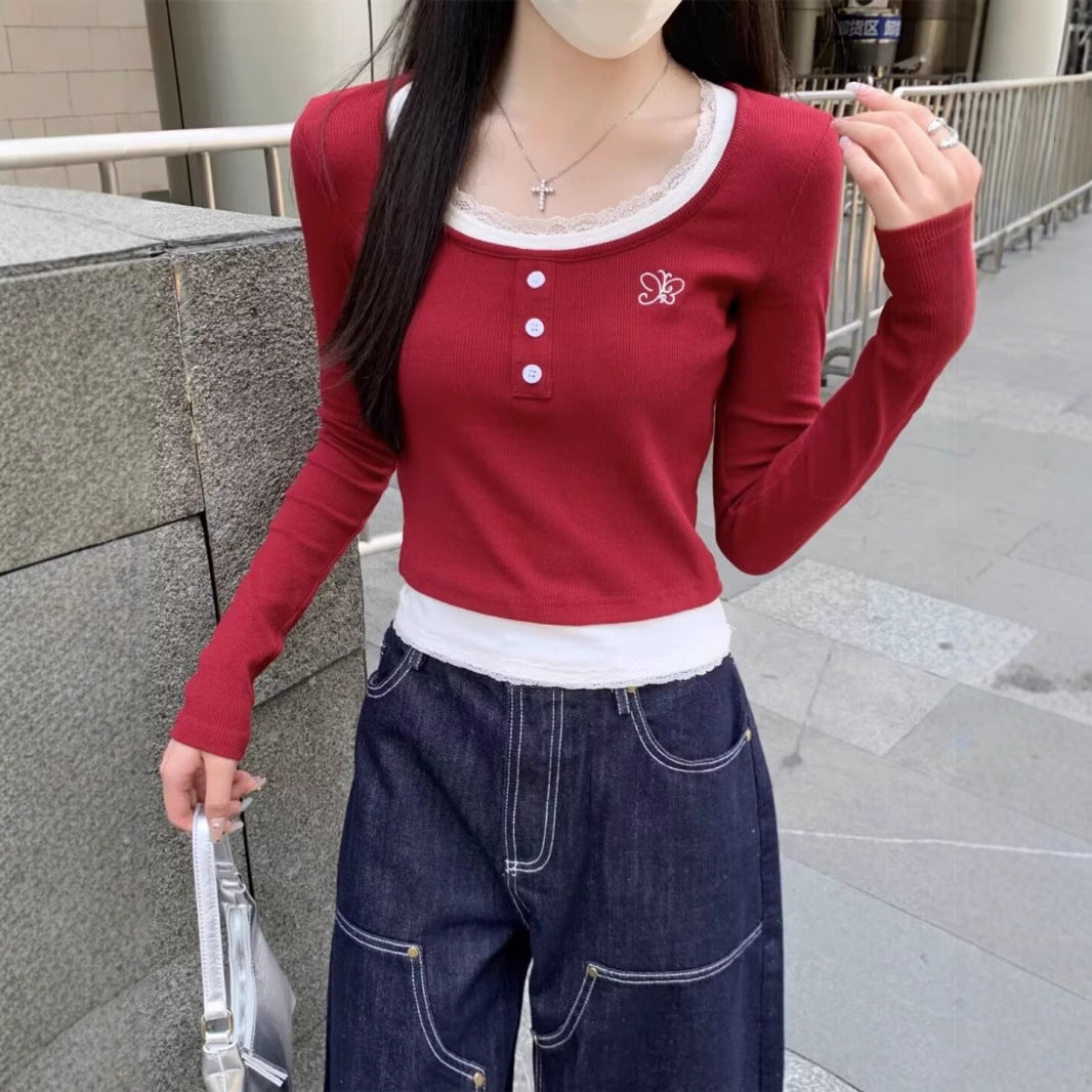 Contrast Color Round Neck Lace Edge Long Sleeve Short Top