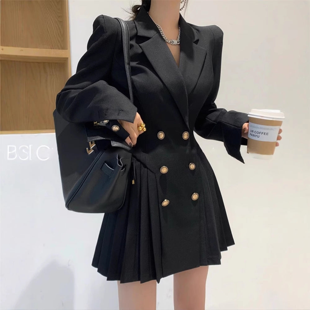 Double Breasted Suit Trendy Anti-Aging Slimming Goddess Long Sleeve Pleated Dress