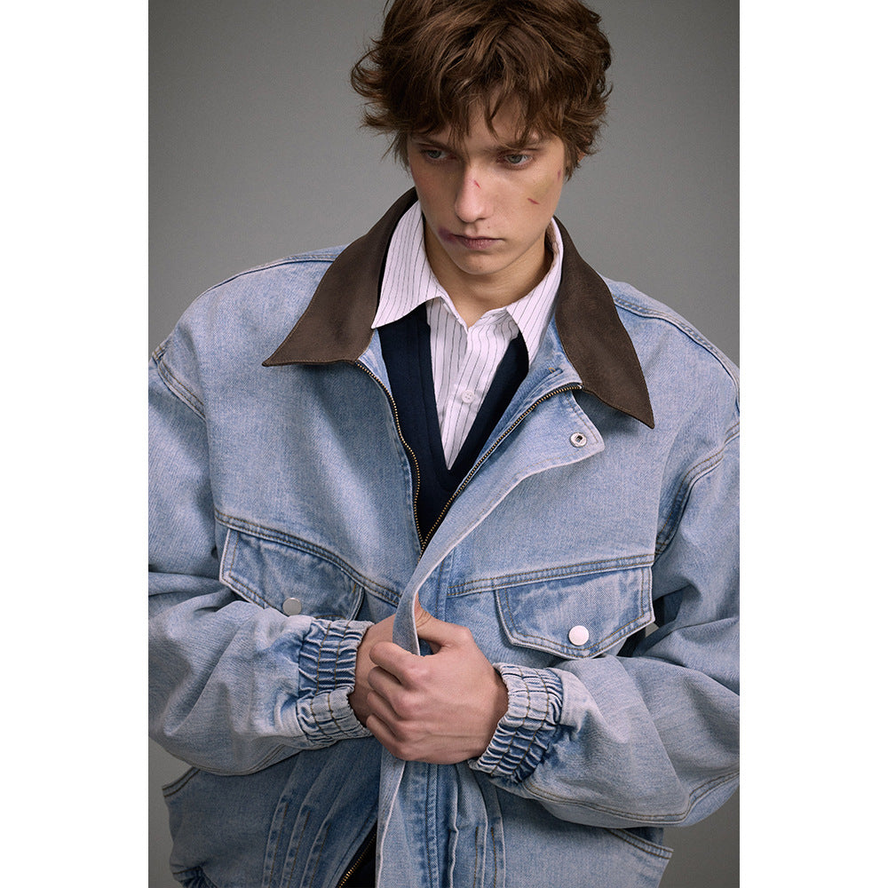 Loose Washed-out Lapel Workwear Denim Men's And Women's Motorcycle Jacket