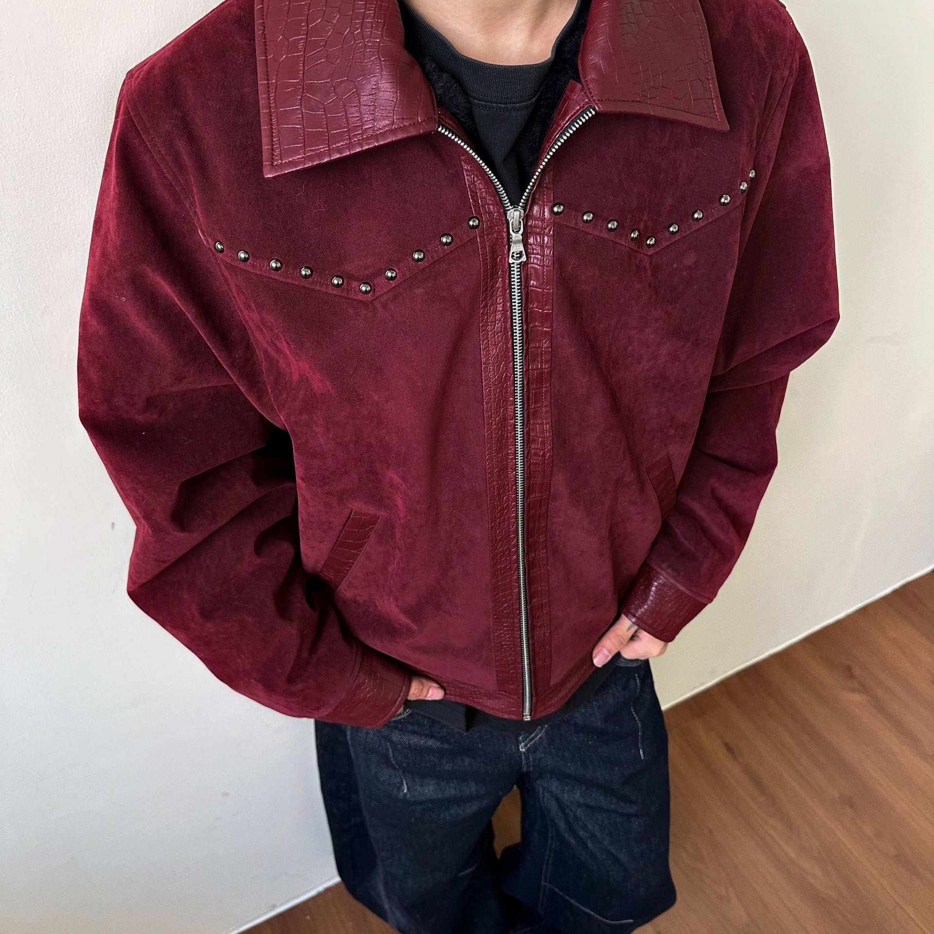 Leather Patchwork Lapel Angola Wool Extra Thick Suede Coat