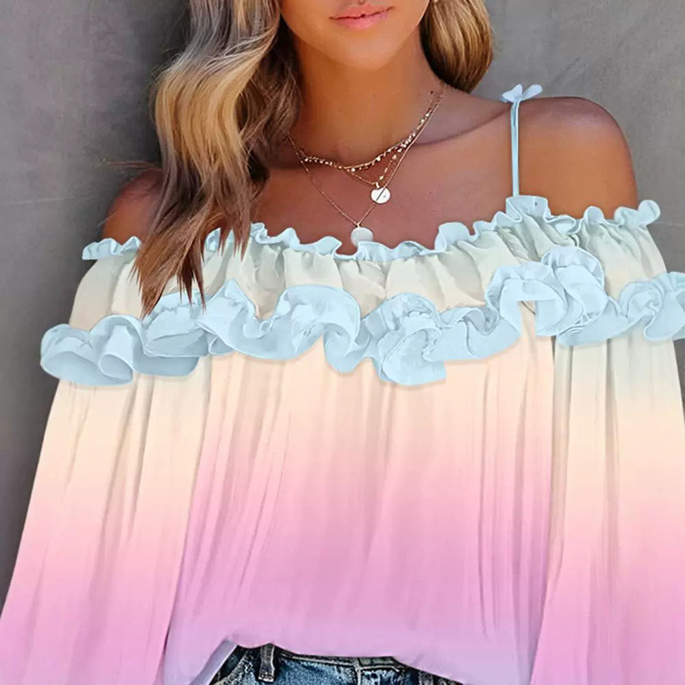 Gradient Printing Ruffled Off-shoulder Long Sleeve Top