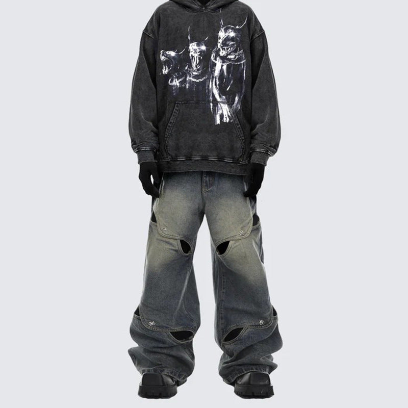 Spring And Summer Casual Wide Leg Hollow Baggy Pants for men