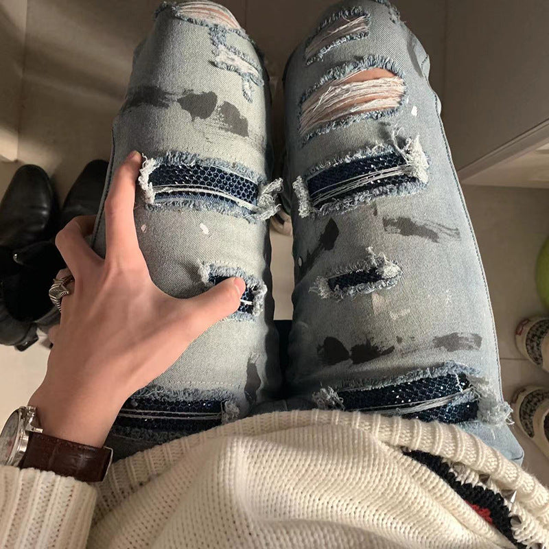 Handmade Splash-ink Blue Diamond Ripped Jeans for men