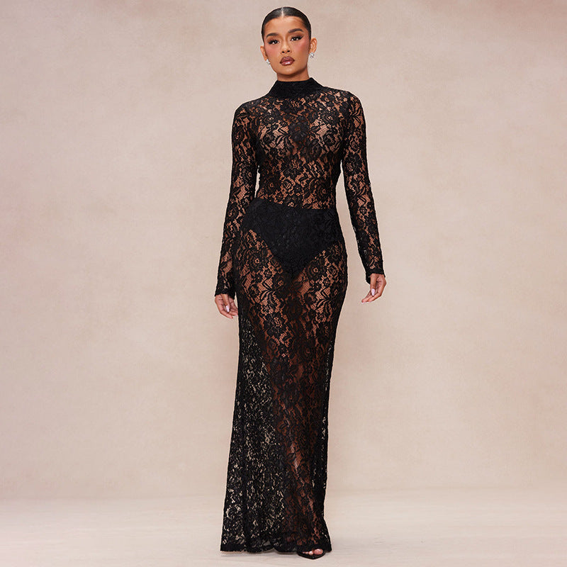 Mesh Lace Half-turtleneck Long Sleeve Women's Slim Fit Dress