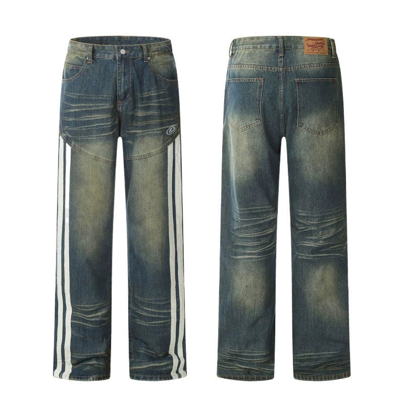 New Jeans Retro Distressed Three Bars Straight Men