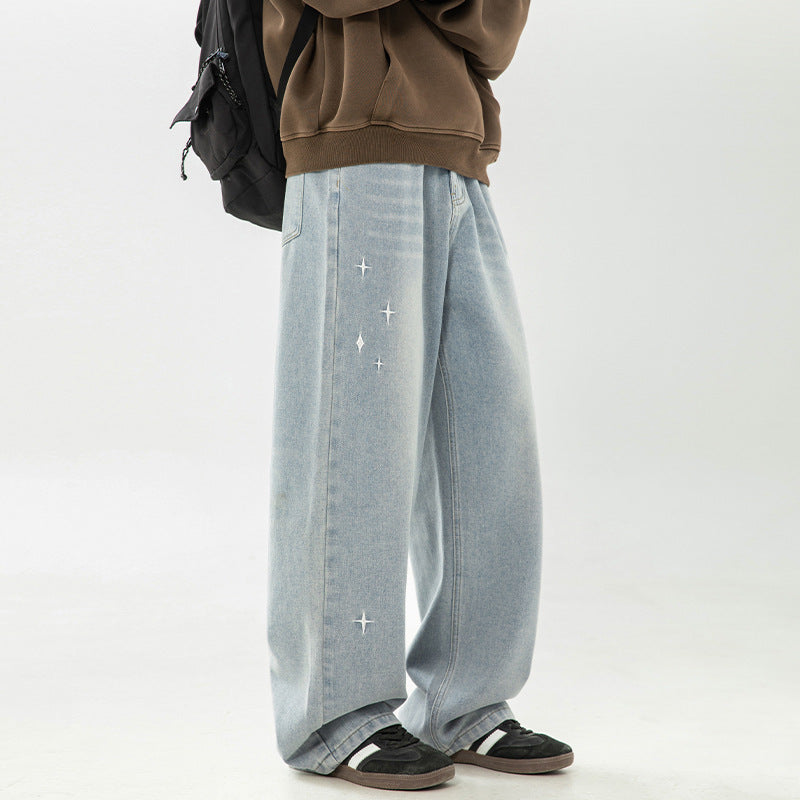 Retro Worn Looking Washed-out Embroidered Jeans Men's Spring New