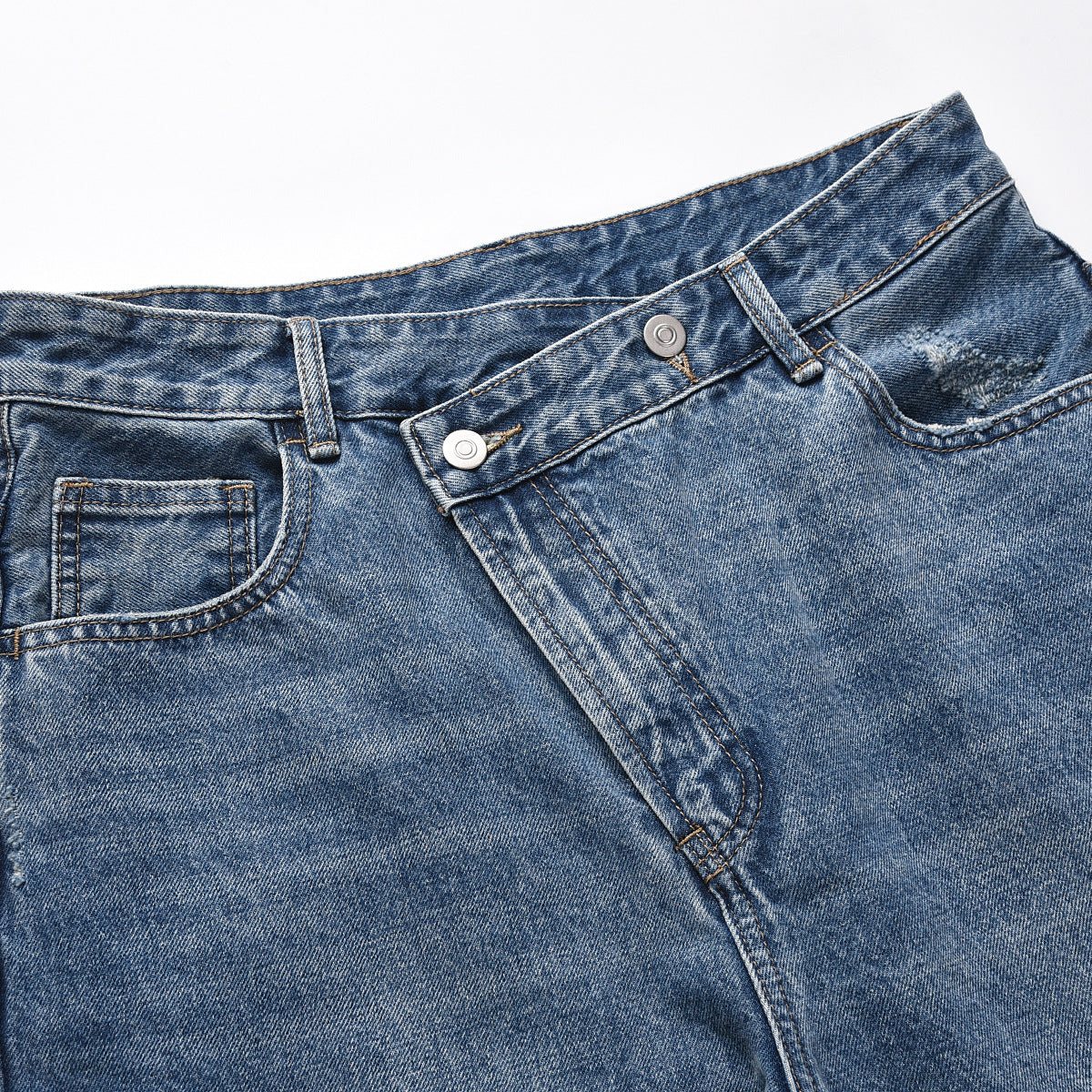 Slant Placket Straight-leg Pants Washed Distressed Casual Jeans for men