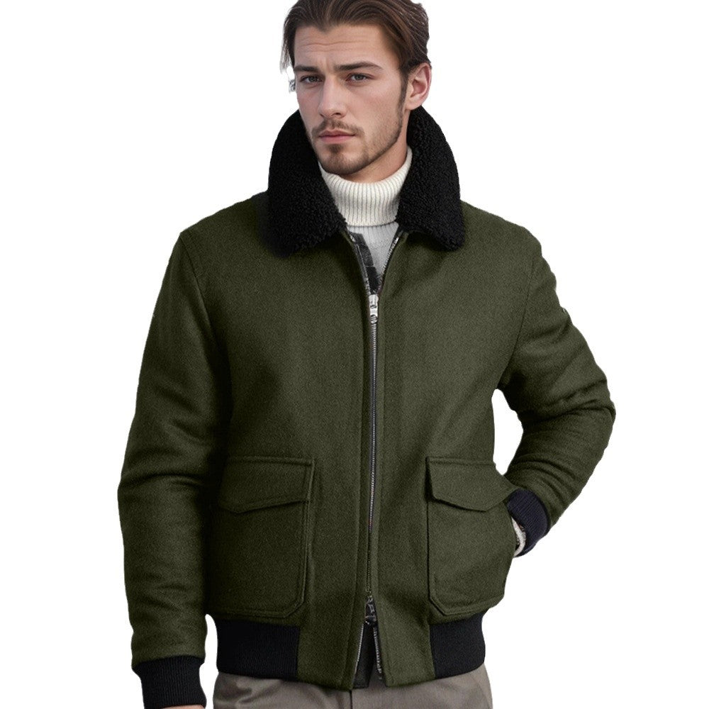 Simple Casual Fur Collar Warm Woolen Men's Fashion Zipper Jacket in polyester