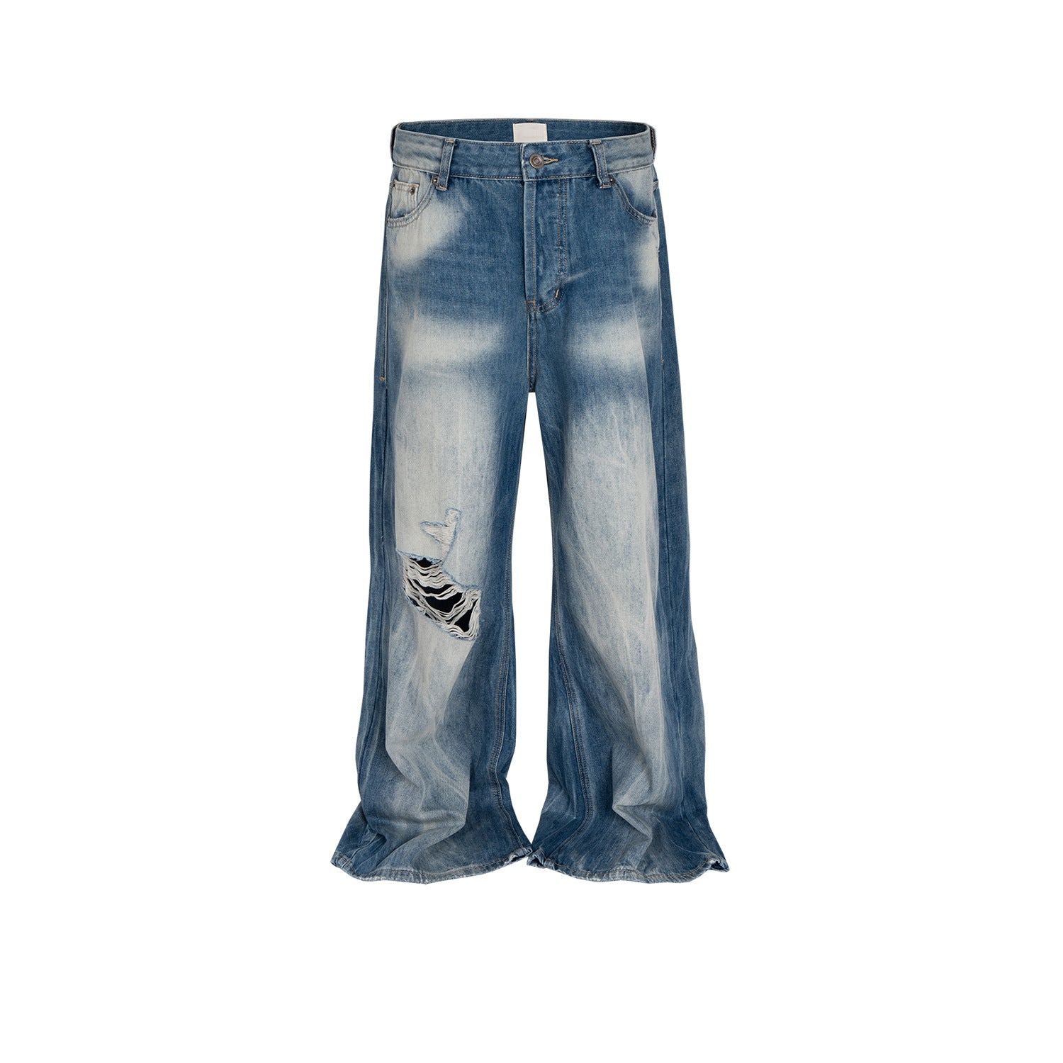 Wide Leg Brushed White Ripped Washed Distressed Frayed Blue Jeans